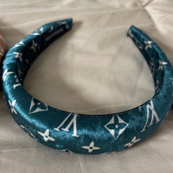 Accessories - Teal Velvet soft Designer Fashion Headband with cream Logo